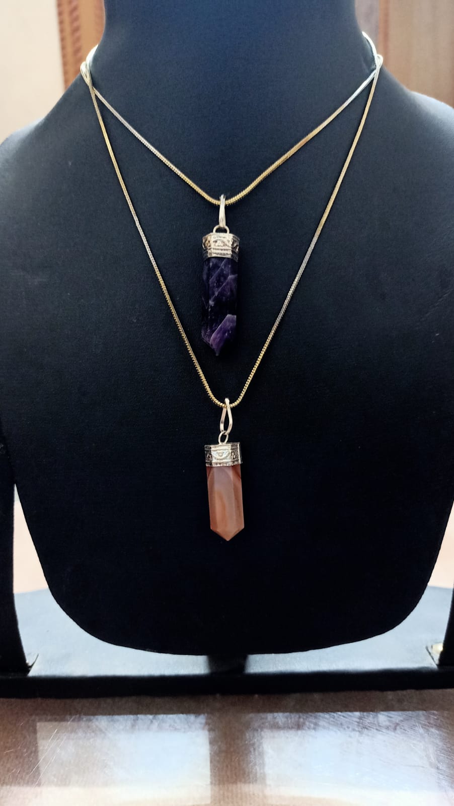Amethyst And Sunstone Pencil pendant with chain Pack of 2 for Women