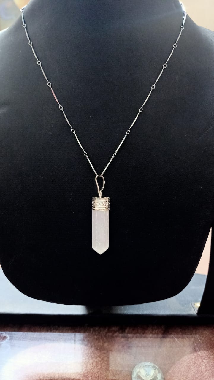 Selenite Pencil Pendant with Chain Silver Artificial