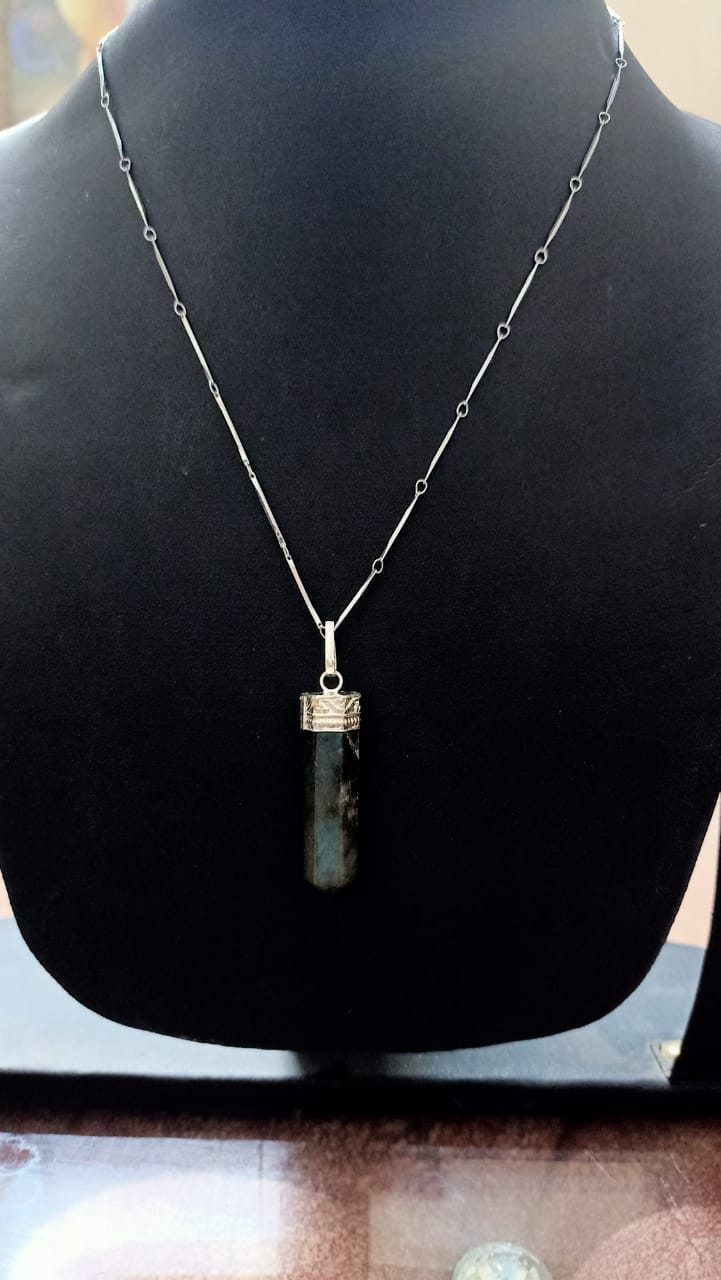 Labradorite pencil pendant with silver chain artificial