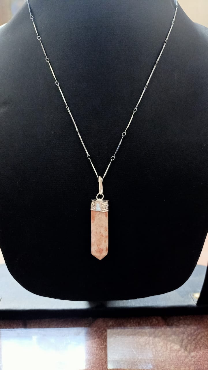 Sunstone pencil pendant with silver chain artificial