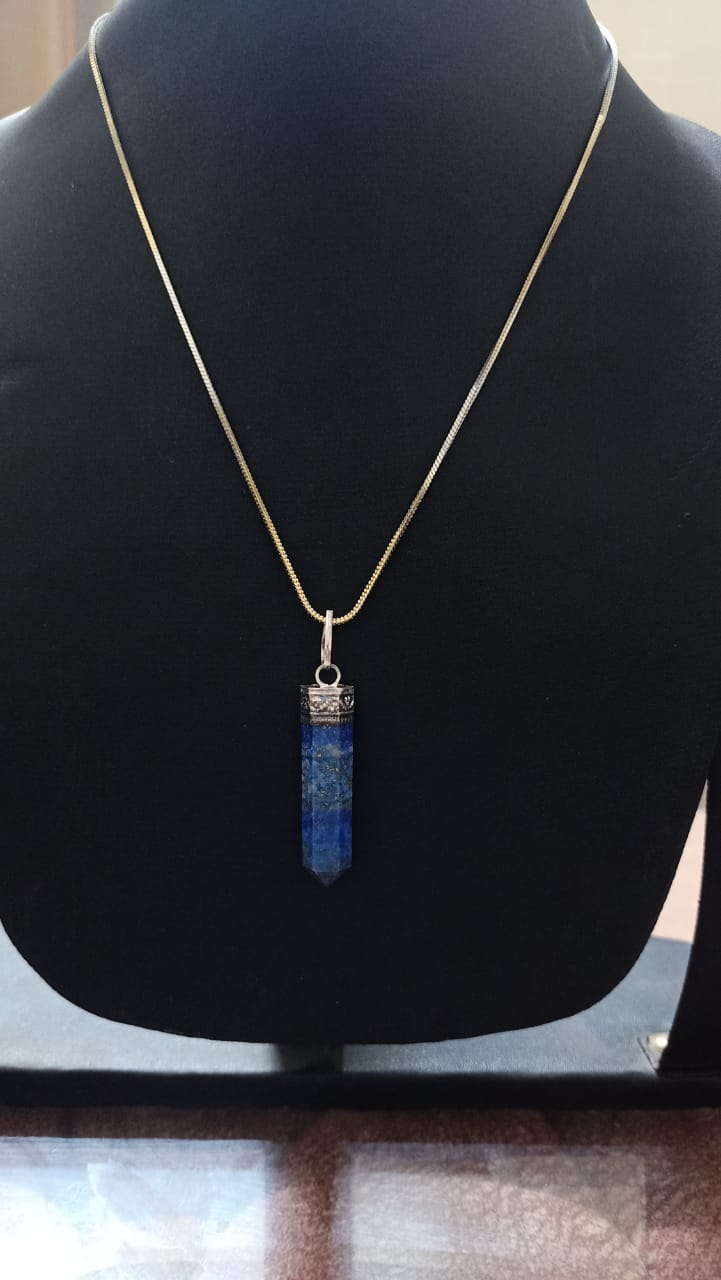 Lapiz lazuli pencil pendant with artificial gold chain