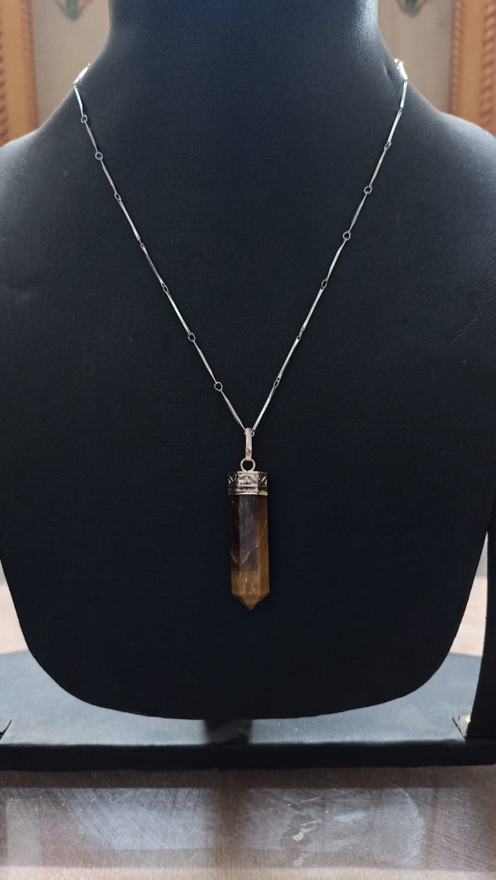 Tiger eye pencil pendent with silver artificial chain