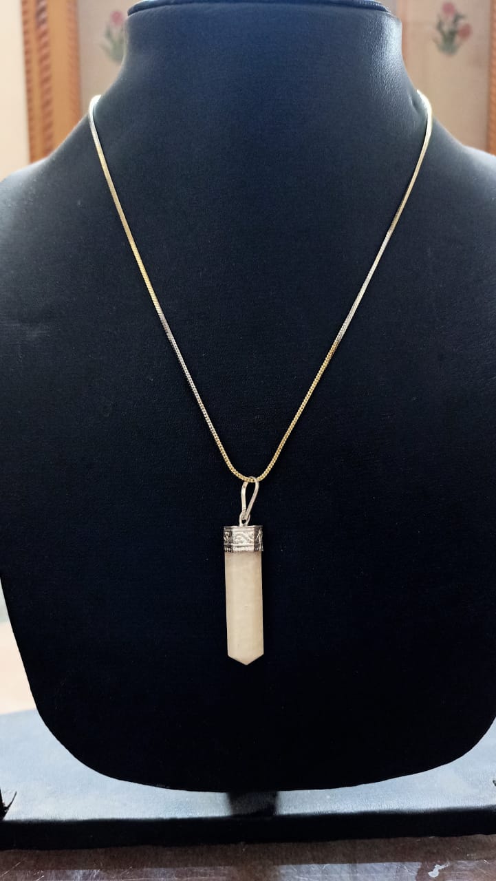 White Aventurine Pencil Pendant with Artificial Gold Chain
