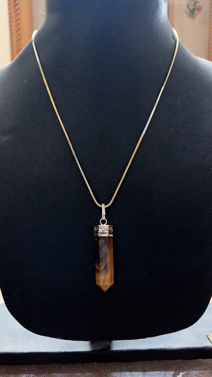 Tiger eye Pencil Pendant with Gold Artificial Chain