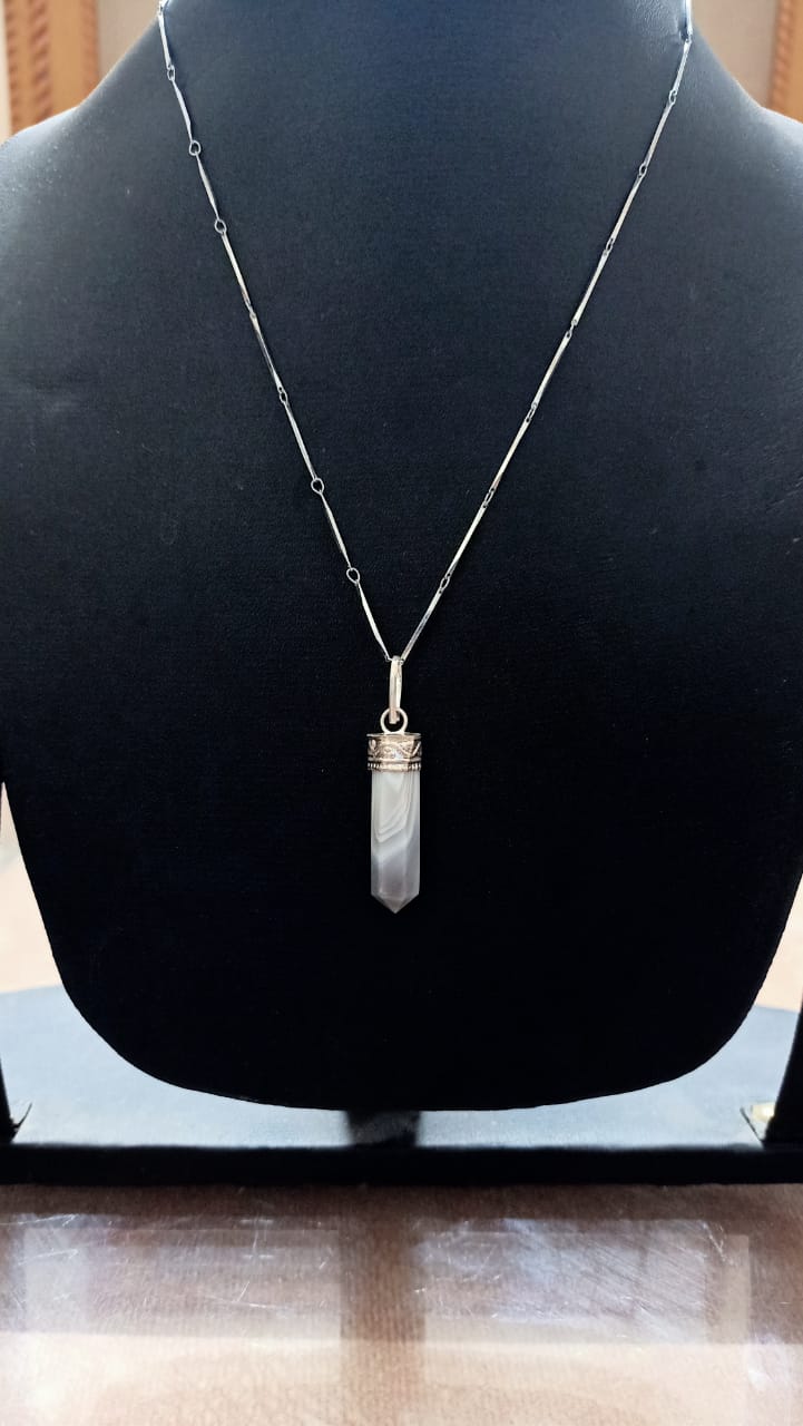 Agate Stone Pencil Pendant - Artificial Silver Chain