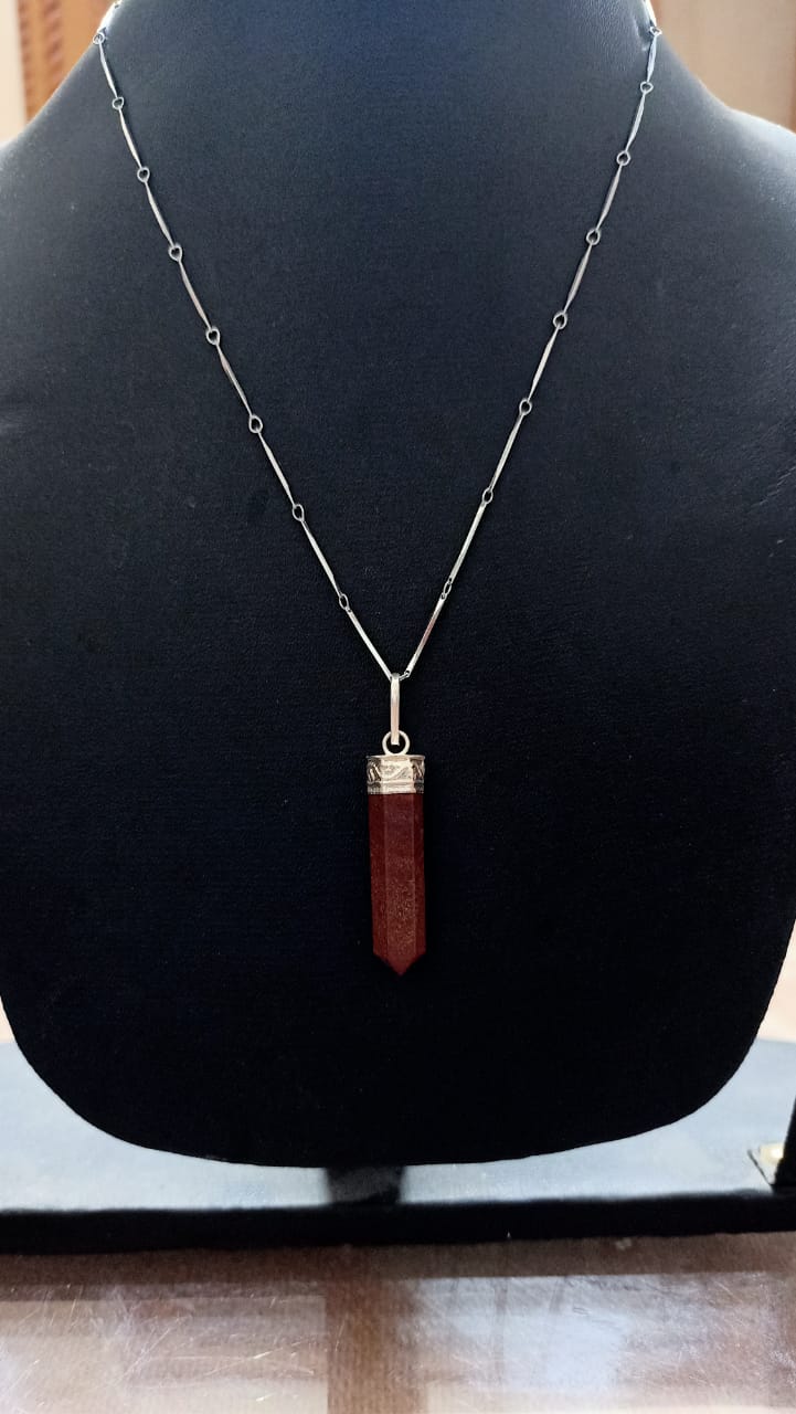 Red Jasper Pencil Shape Pendant Artificial Silver Chain