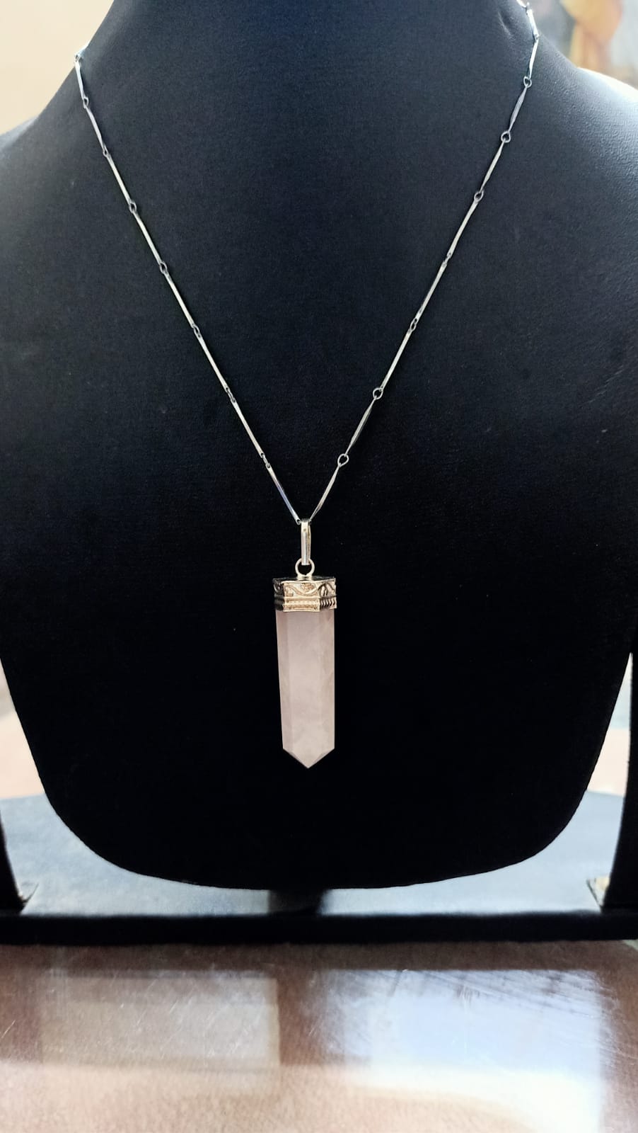 Rose Quartz Pencil Pendant for Women Artificial Silver Chain
