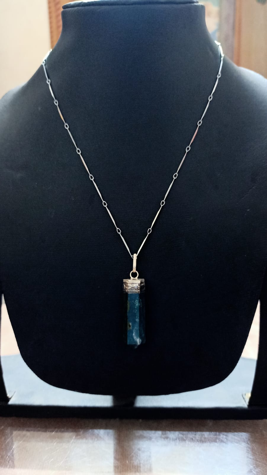 Moss Agate Pencil Pendant With Artificial Silver Chain