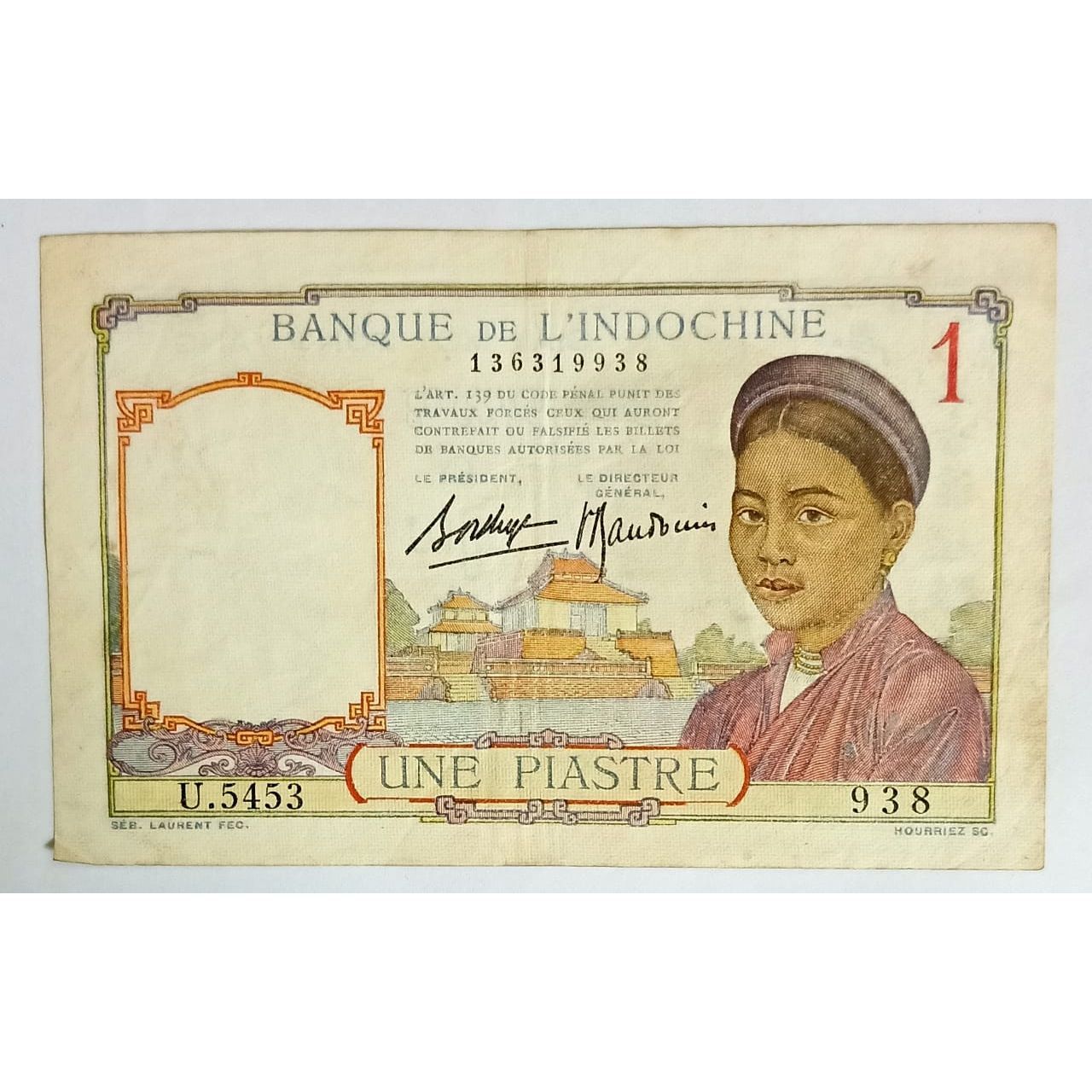 French Indochina Note Rare Original Note