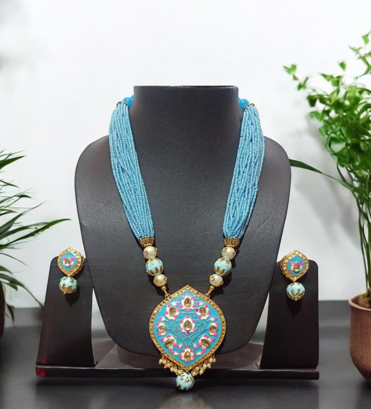 Kundan Meena Necklace with Earrings Artificial Blue Color