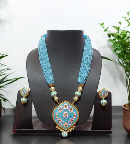 Kundan Meena Necklace with Earrings Artificial Blue Color