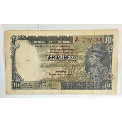 British India 10 Rupees Governor JB Taylor  Original Note