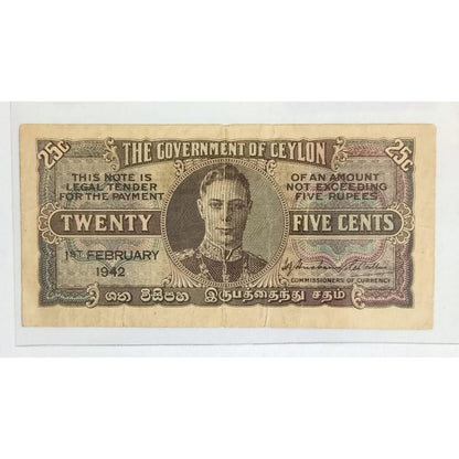 British Ceylon – 25 cents 1942 currency note Original