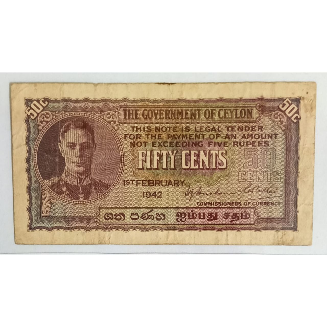 British Government of Ceylon 50 Cents 1942  VF King George VI
