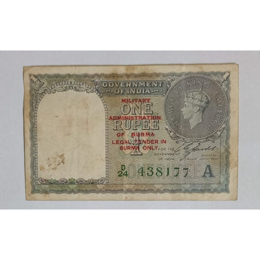 British India 1940 King George VI 1 Rupee, Signed by CE Jones Burma Overprint