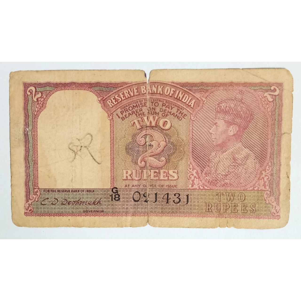 British India 2 Rupees George VI Cd Deshmukh Rare Note