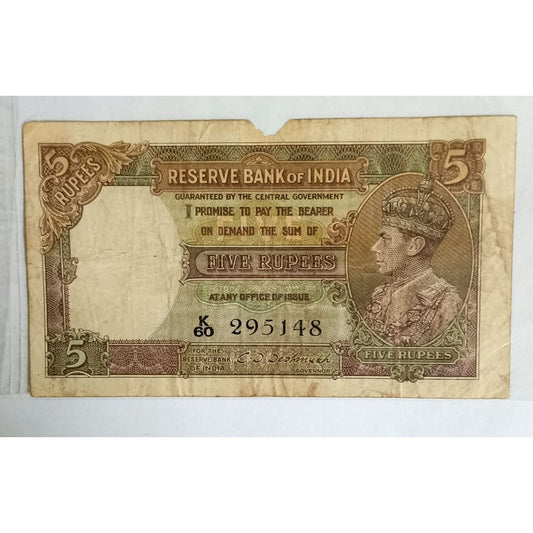 5 Rupee 1945 Signed by CD Deshmukh King George VI British India Old Collectible Rare Note  Original
