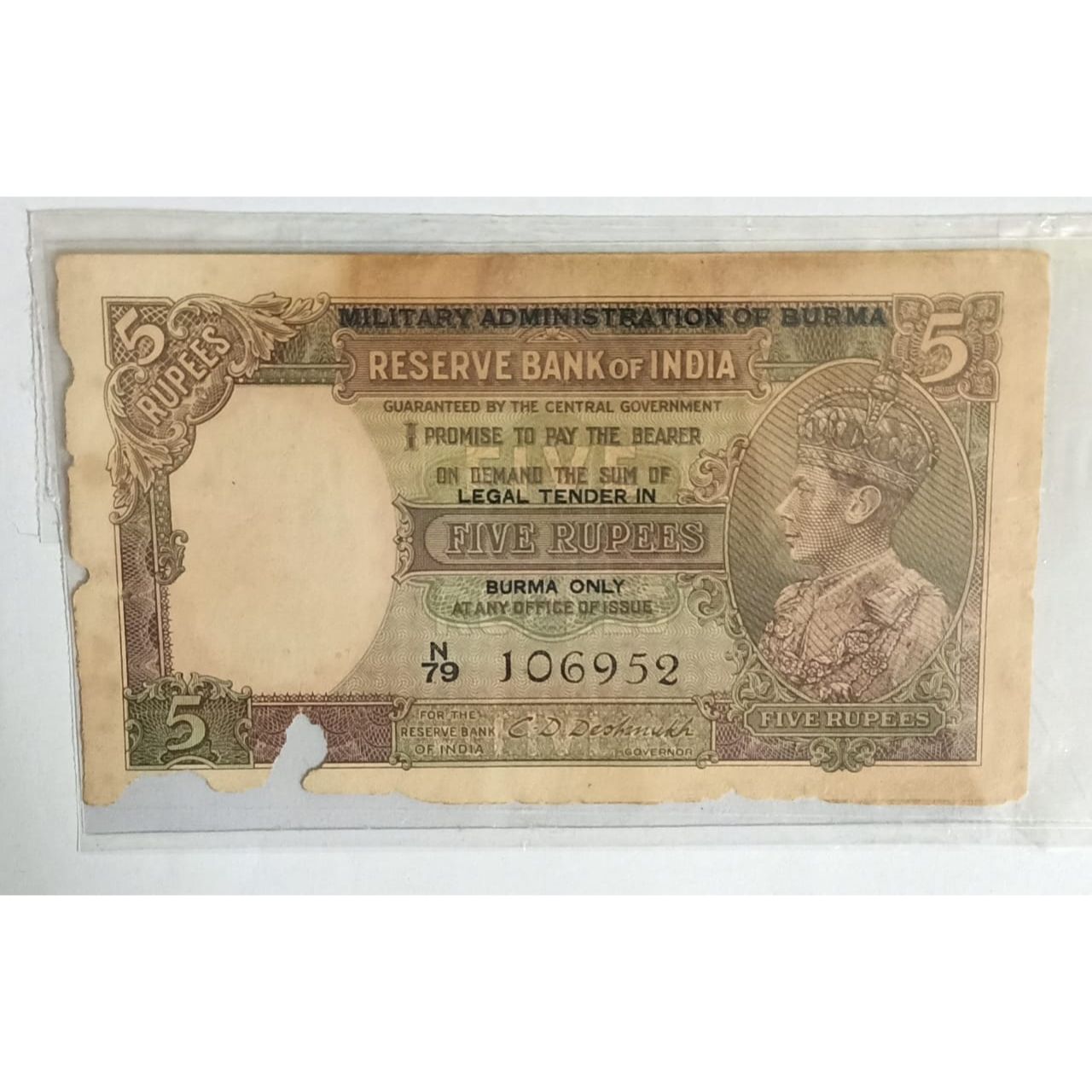 5 Rupees 1945 Signed by CD Deshmukh King George VI British India Old Collectible Rare Note Original Note