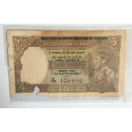5 Rupees 1945 Signed by CD Deshmukh King George VI British India Old Collectible Rare Note Original Note