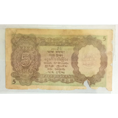5 Rupees 1945 Signed by CD Deshmukh King George VI British India Old Collectible Rare Note Original Note