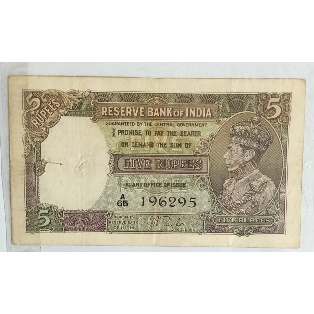5 Rupee 1945 Signed by CD Deshmukh King George VI  British India Old  Rare Note Original