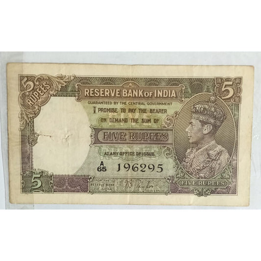 5 Rupee 1945 Signed by CD Deshmukh King George VI  British India Old  Rare Note Original